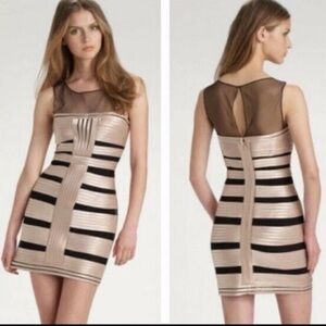 Xscape Metallic Champagne and Black Bandage Mini Dress with Sheer Yoke